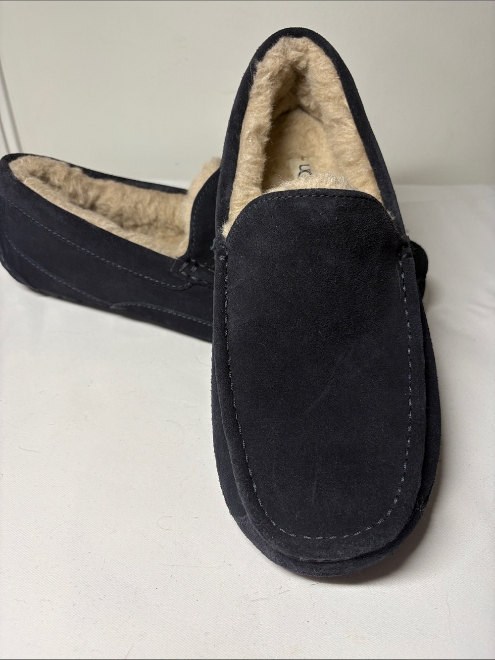 UGG Navy Blue Men’s Sheep Lined Suede Slippers Driving Moc Size 13